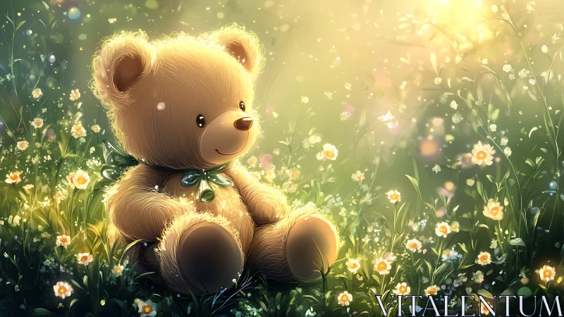 Plush teddy bear glows in golden flower meadow light.