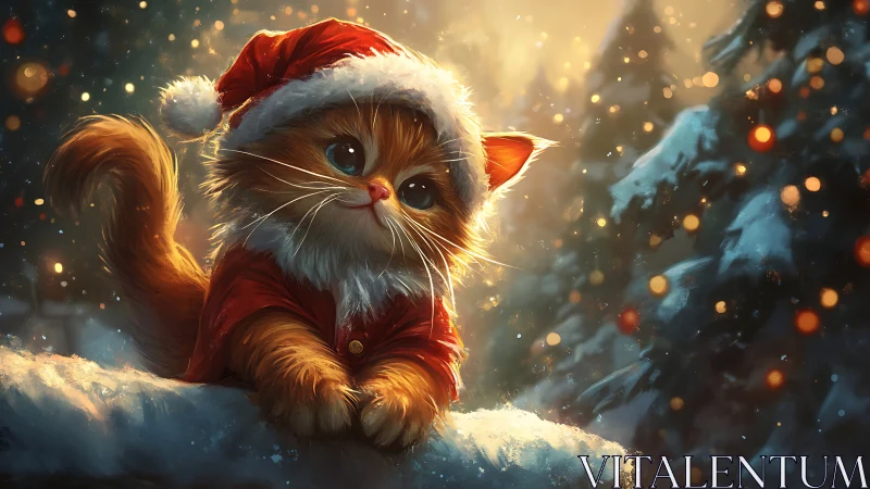 Whiskered holiday kitten in glowing snowy forest scene.