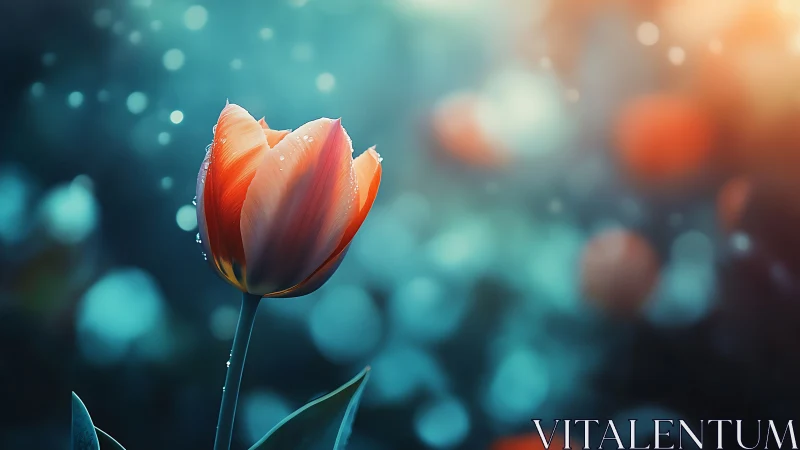 Red tulip with water droplets against soft blue bokeh background