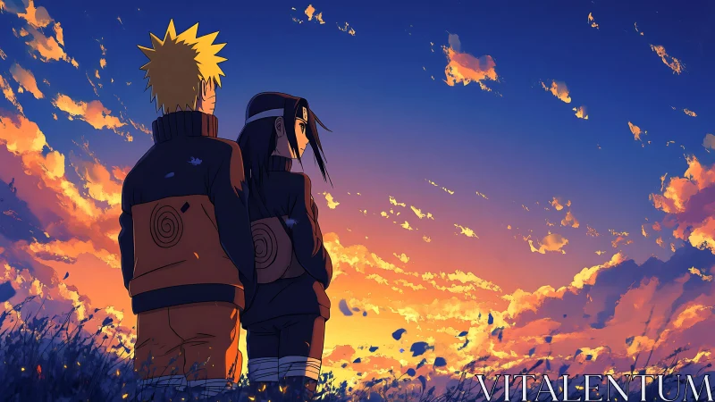 Two stylized figures observe a saturated sunset sky