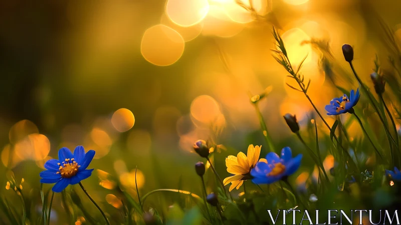 Shallow Depth-of-Field Wildflower Field with Warm Golden Hour Bokeh