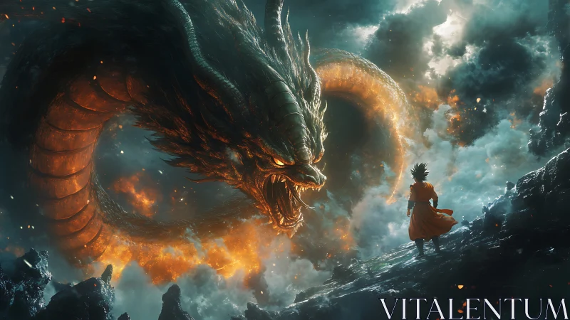 Fiery celestial dragon confronts lone warrior on cliff edge.
