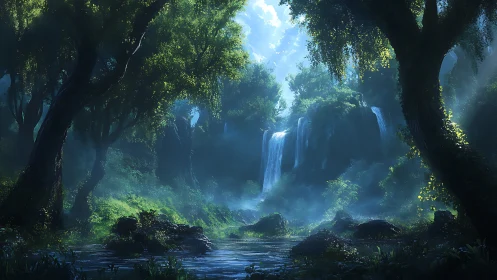 Forested canyon with cascading waterfall and misty atmosphere
