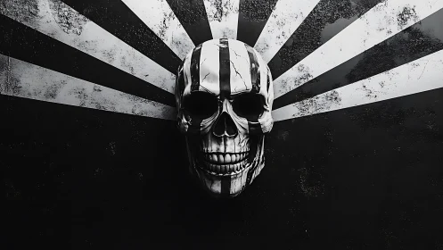 Striped human skull model centered on radial grunge rays