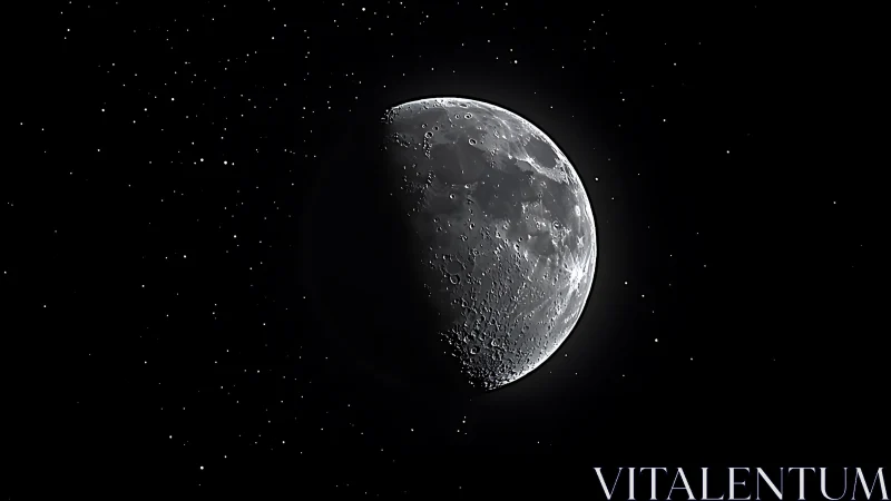 Crisp half moon against deep star-filled black sky.