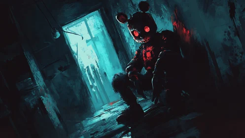 Mechanical bear figure sits in dim corridor with backlight