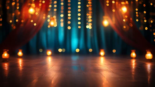 Warm bokeh stage glows against deep blue draped backdrop tonight