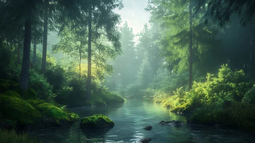 Atmospheric forest stream rendered with volumetric light diffusion through coniferous canopy