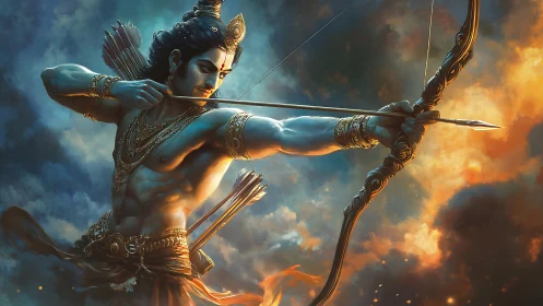 Heroic archer poised against a glowing, stormy sky.