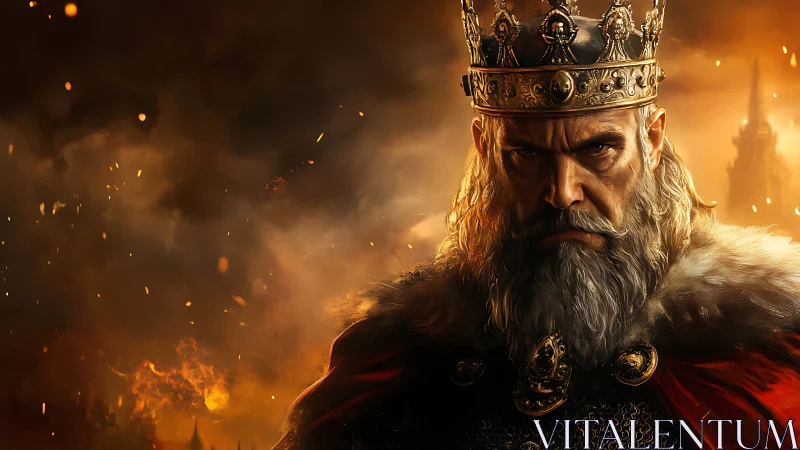 Battle-scarred king amid burning medieval citadel.
