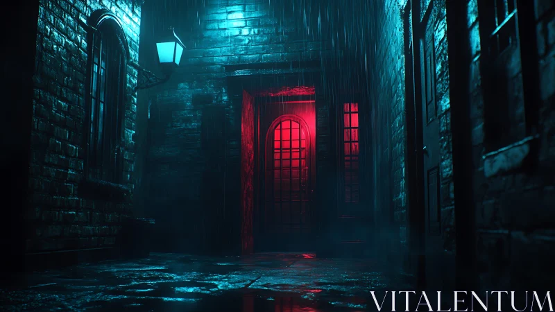 Narrow wet alleyway shows red lit doorway under rainfall