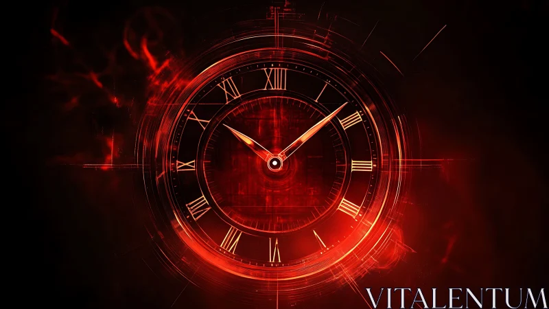 Glowing red clock face radiates energy in digital space.