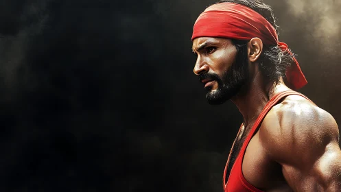 Determined athletic man in red bandana against dark background.