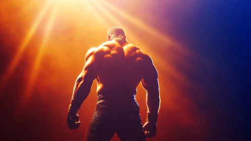 Back view of muscular figure under strong stage lighting.