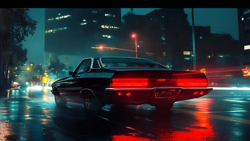 Muscle car under neon rain lights on wet city street.