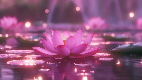 Moonlit lotus drifts through pink-tinted twilight waters.