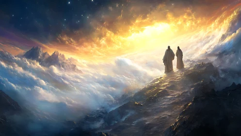 Two robed figures walk a mountain ridge above glowing clouds
