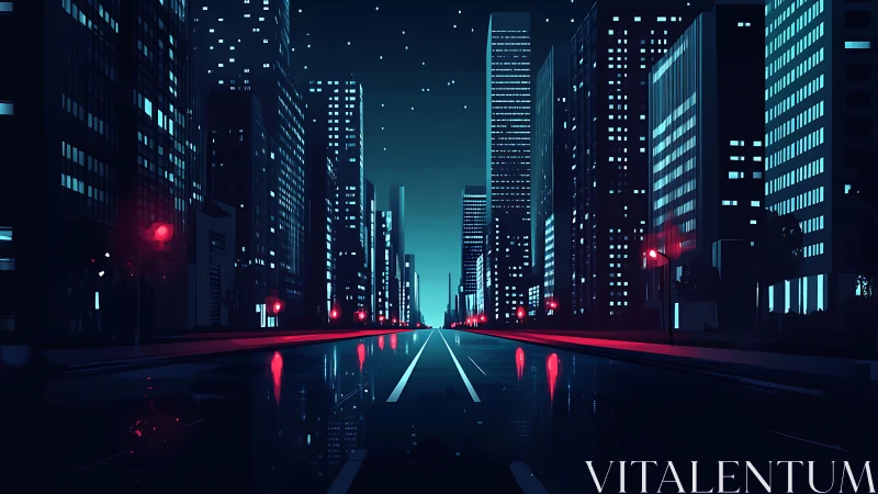 Neon city avenue under stars with reflective wet asphalt.