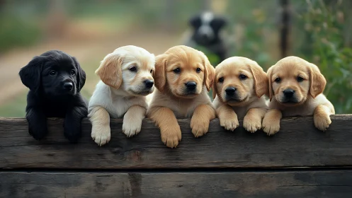 Row of retriever puppies aligned along wooden fence edge.
