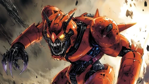 Rampaging orange mech monster lunges through exploding debris