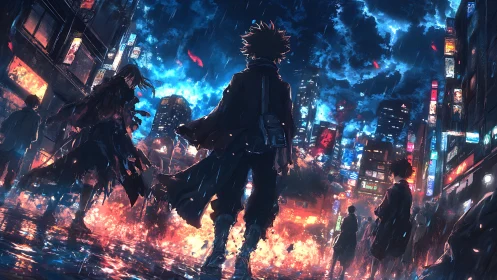 Nocturnal anime cityscape under storm-lit neon turbulence.