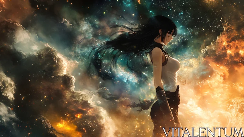 Female anime figure in dense multicolored nebula field.
