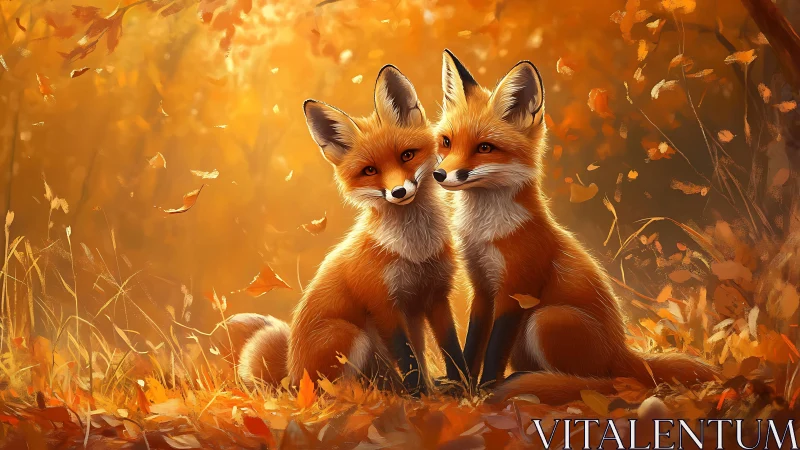 Foxfire twins share a golden whisper in swirling autumn light