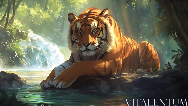 Resting tiger on sunlit jungle riverbank in calm pose.