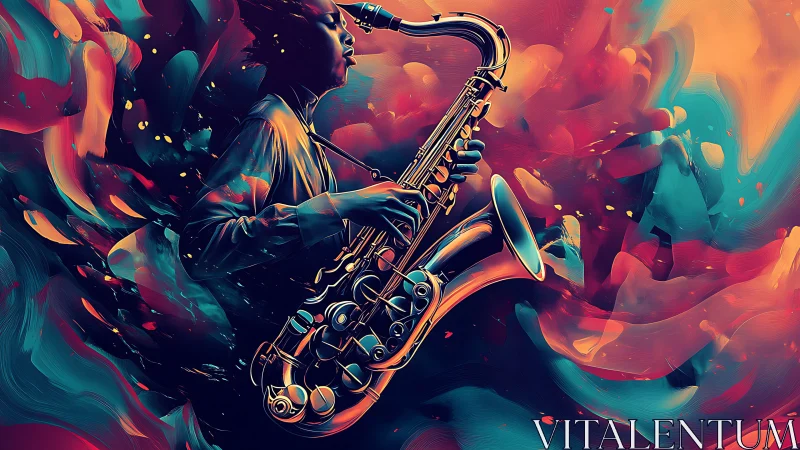 Jazz saxophonist glows within swirling neon sound waves.