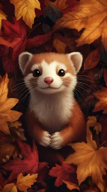 Ferret lies centered among dense layered autumn leaves