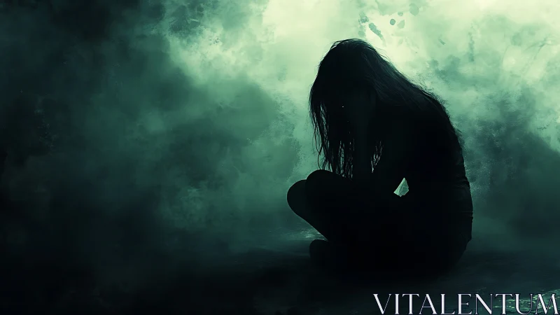 Silhouetted girl in misty darkness embodying emotional isolation.