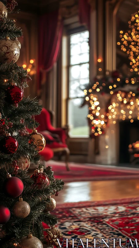 Ornate Christmas tree in softly lit traditional interior.
