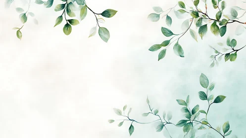 Green leafy branches on soft white and blue background.