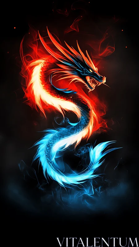 Elemental fire and ice dragon coils through black void.