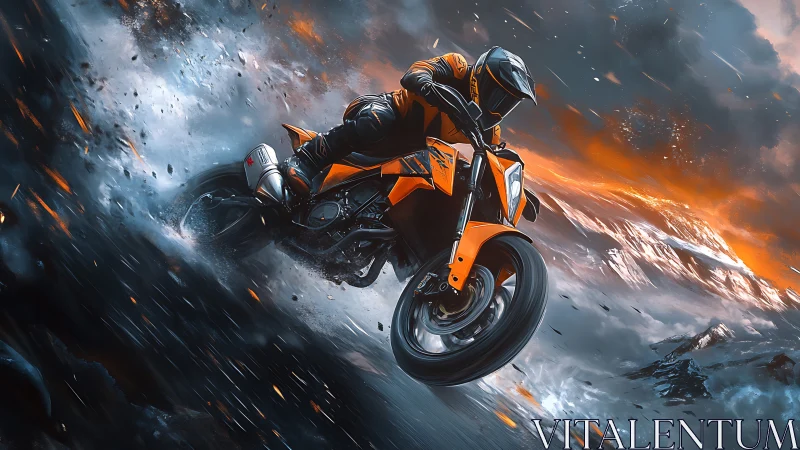 Motorcyclist on orange bike crossing dynamic icy terrain.