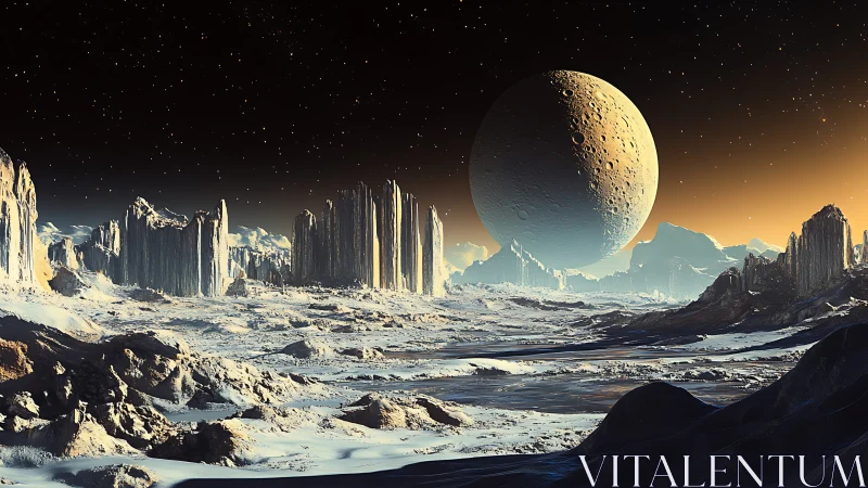 Frozen alien valley beneath a colossal cratered moon.