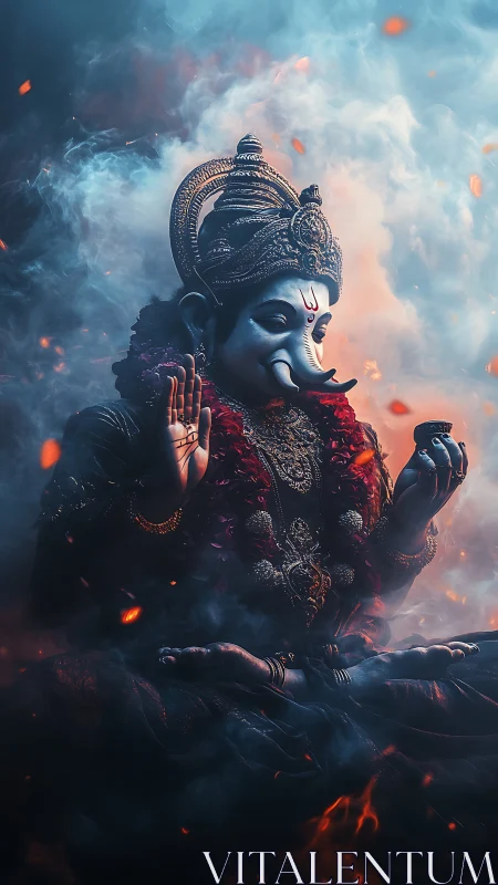 Ganesha statue rendered in smoky, glowing digital lighting