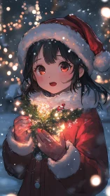 Snowlit anime girl holding glowing festive wreath artwork.