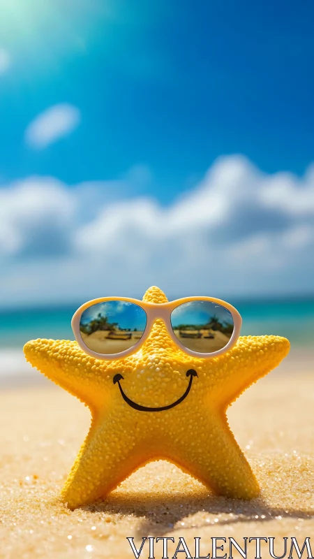 Smiling yellow starfish with sunglasses on sunny beach.