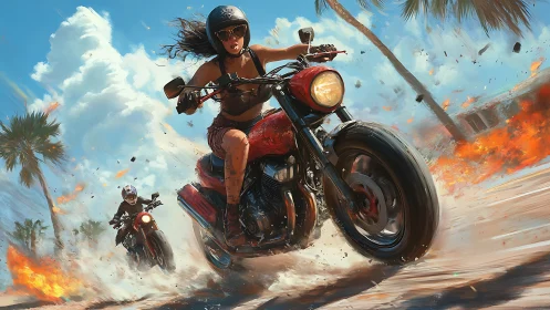 Motorcycle chase blazes across a sunlit coastal firestorm