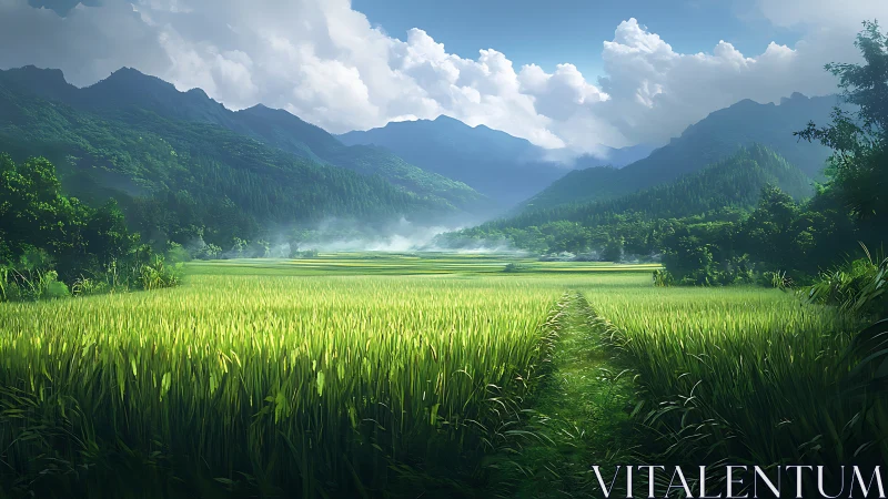 Digital painting of misty mountain rice fields in morning light.