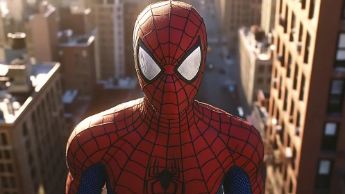 Spider-themed superhero on city rooftop in evening light.