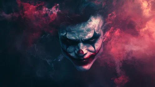 Sinister clown portrait emerging through neon smoke clouds.