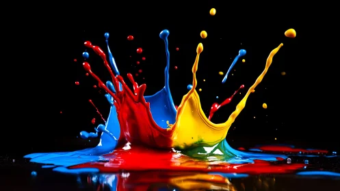 Vibrant splashes of primary color paint on black background, modern art.