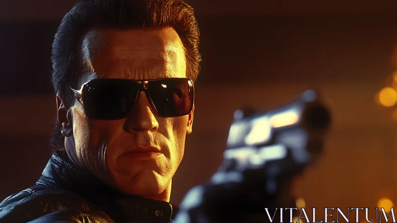 Cyborg enforcer aims pistol under warm cinematic light.