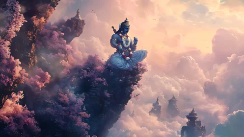 Sky deity meditates above luminous pink cloud temples
