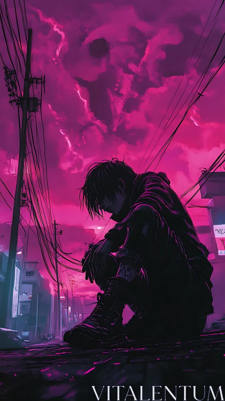 Neon dusk loner beneath storm skull clouds and wired sky.