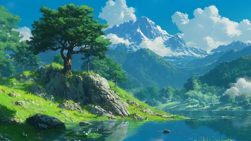 Landscape render shows tree on rocky bank before snowy peaks
