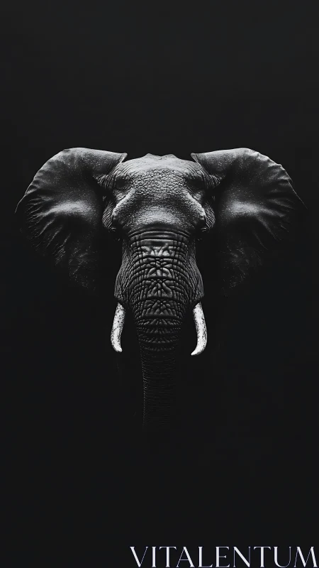 Elephant portrait shows stark tusks against deep black void