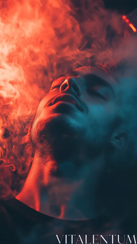 Male face in red and blue lighting surrounded by dense smoke